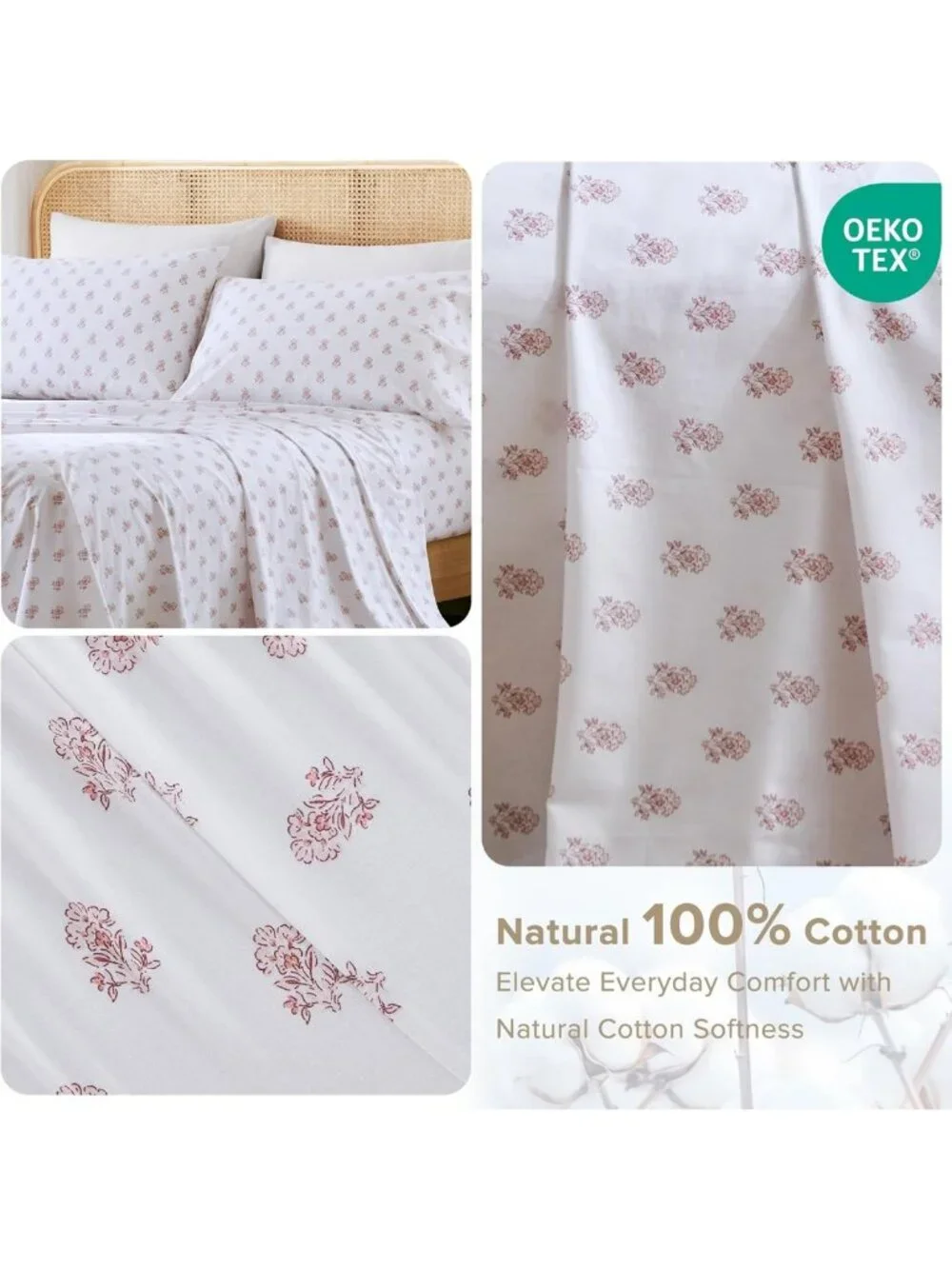 Soft Floral Pink 100% Cotton Queen Sheet Set - Breathable, Cool, Fits 14